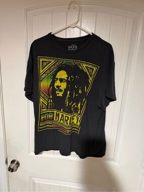 Bob Marley Black Short Sleeve Graphic Tee - Yellow & Green Print